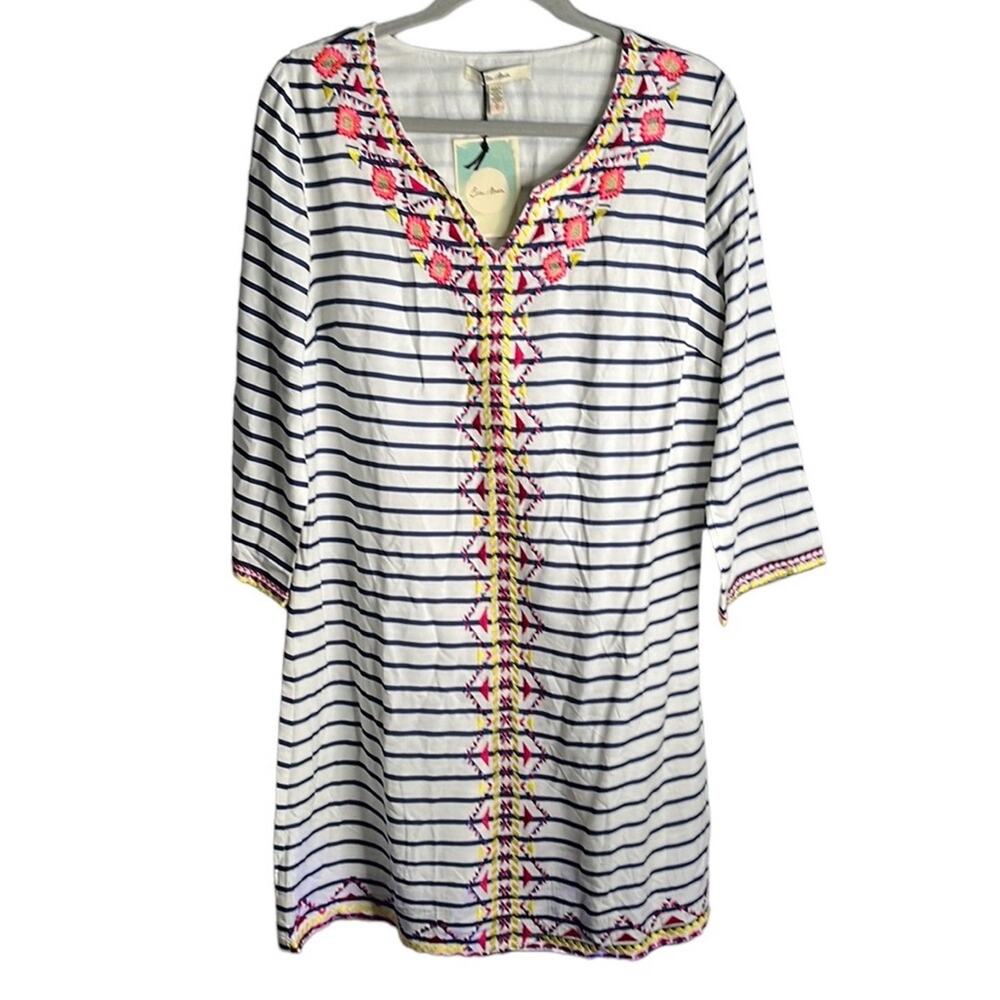 Ella Moon Blue White Striped Tunic Dress Colorful Embroidery Detail Small
